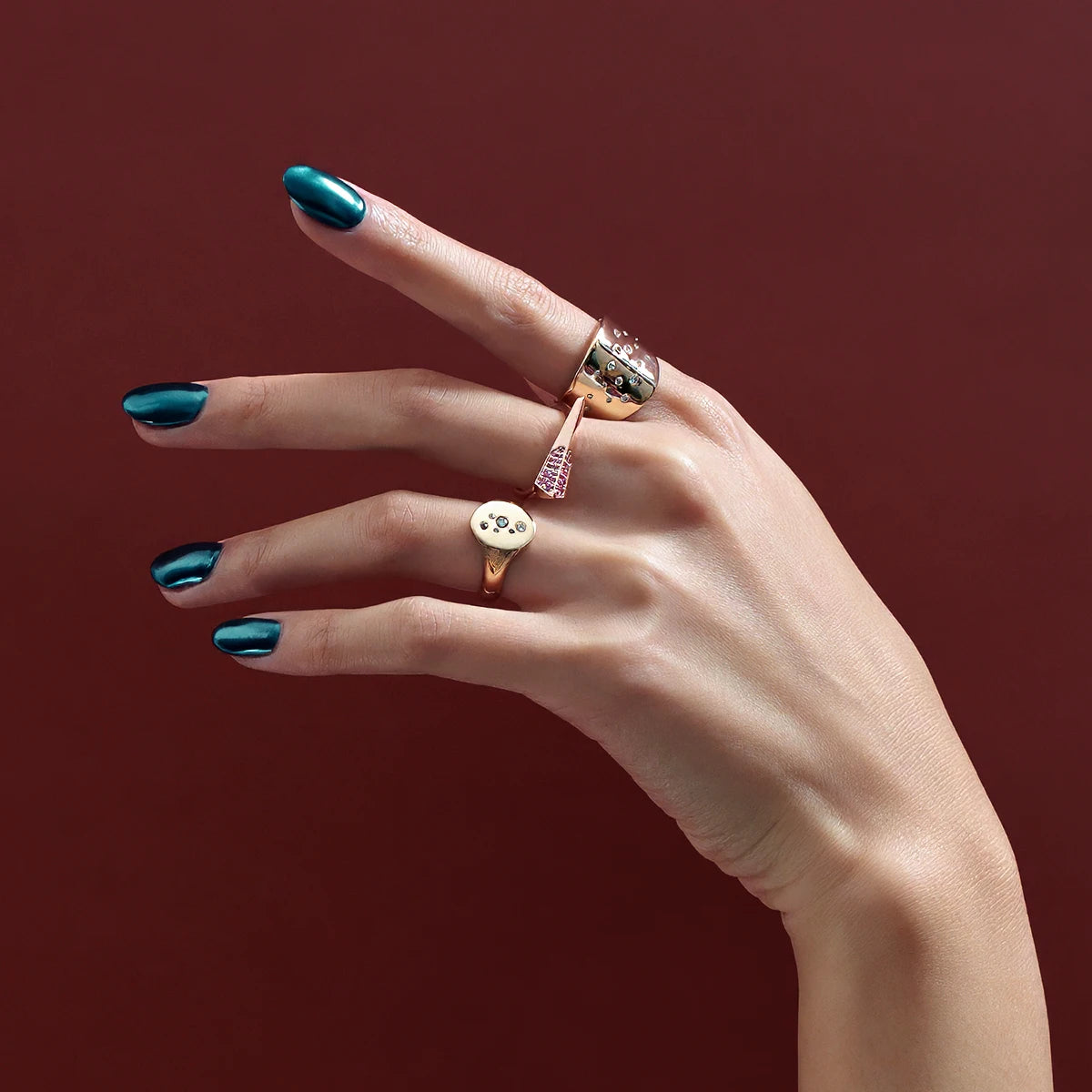 Bold Diamond Lump Ring in yellow gold, worn on a woman's hand, featuring brilliant diamonds and handcrafted by Montreal's Bena Jewelry.