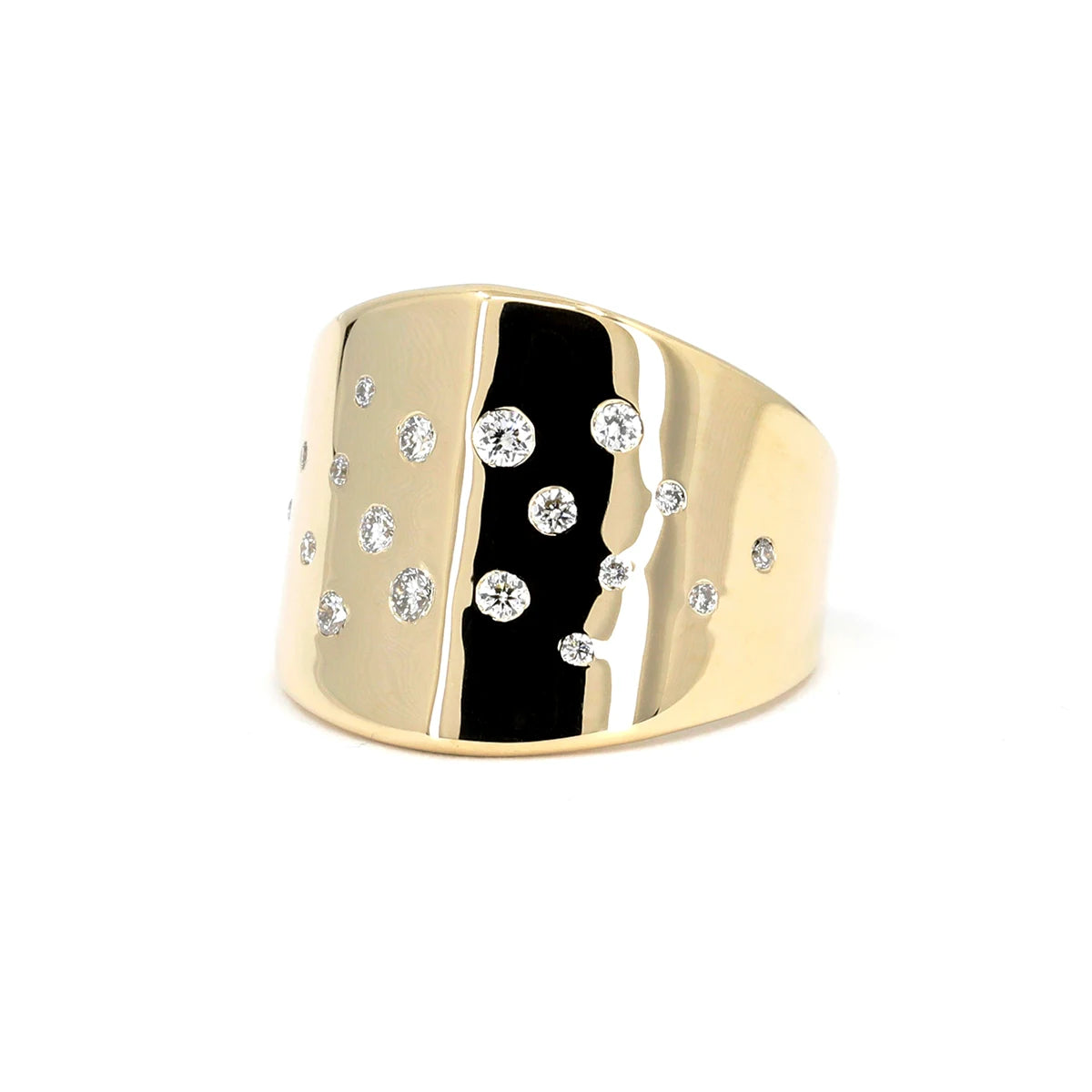 Diamond Lump Ring in yellow gold with brilliant diamonds, bold design handcrafted by Montreal-based Bena Jewelry.