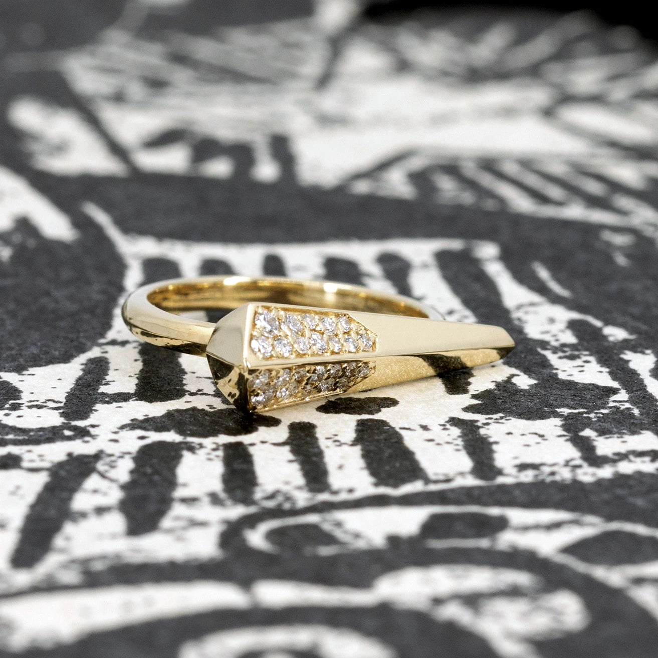 Yellow gold ring with diamonds, bold and avant-garde style made by independent designer Bena Jewelry in Montreal.
