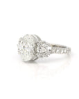 side view of oval shape lab grown diamond made in montreal with design marquise shape and peat natural gemstone with platinum bespoke jewellery design on white background