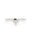 White gold ring with Asscher-cut diamond, featuring a sleek, sculptural design with a slight curve by Bena Jewelry. Perfect for a modern, elegant look.