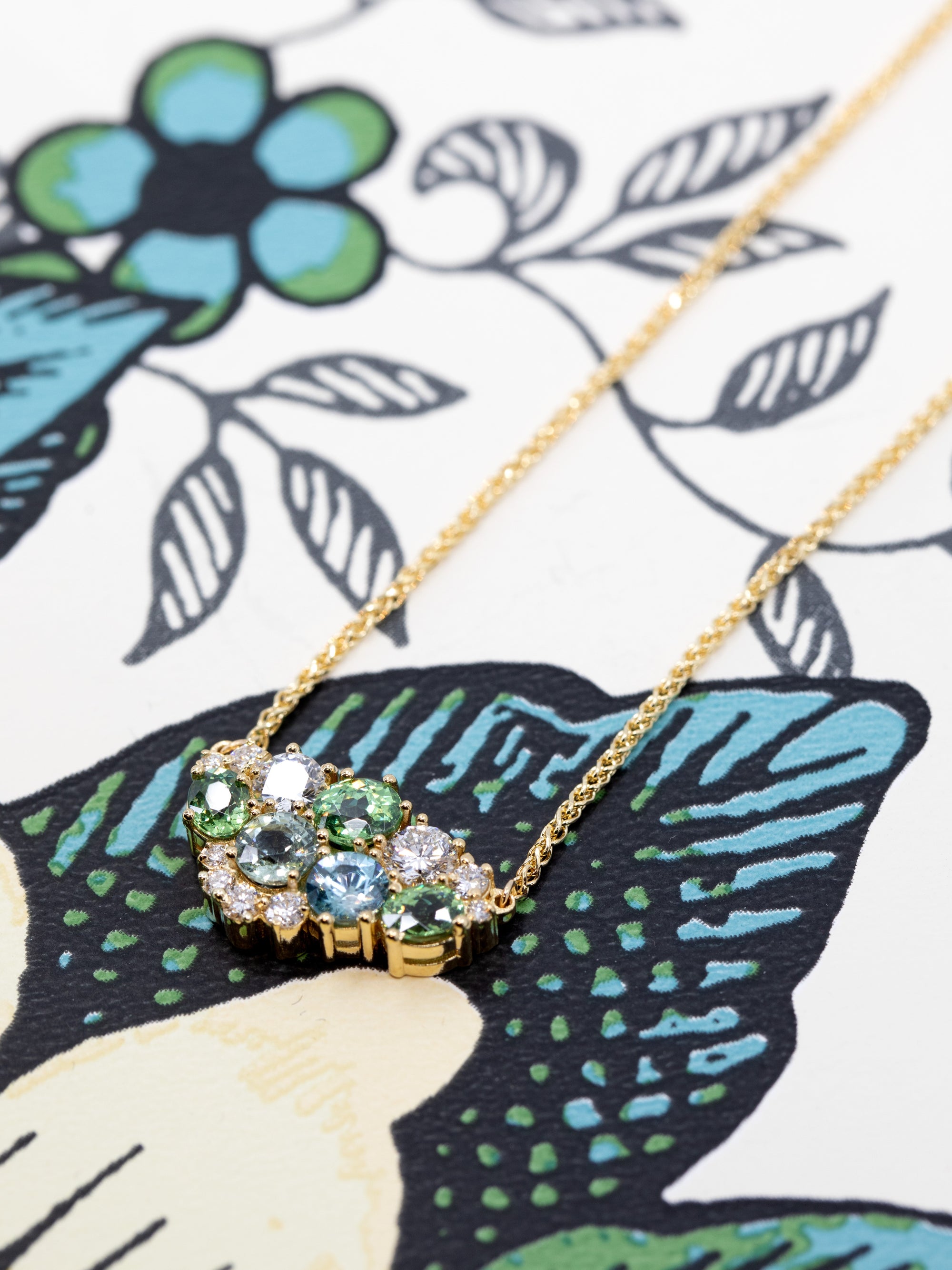 Sky Avalanche Demantoid Garnet Sapphire &amp; Diamond Pendant