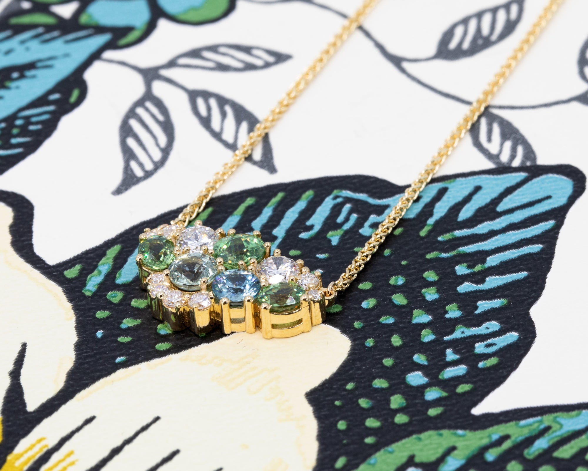 Sky Avalanche Demantoid Garnet Sapphire & Diamond Pendant