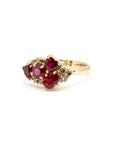 The Avalanche Purple Sapphire & Rubis Ring against a white background, emphasizing the vibrant gemstones and the warm yellow gold. Designed by Bena Jewelry, Montreal, Canada.