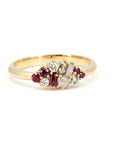Ruby & Salt And Pepper Diamond Avalanche Ring on white background, featuring scattered rubies and salt and pepper diamonds in yellow gold.