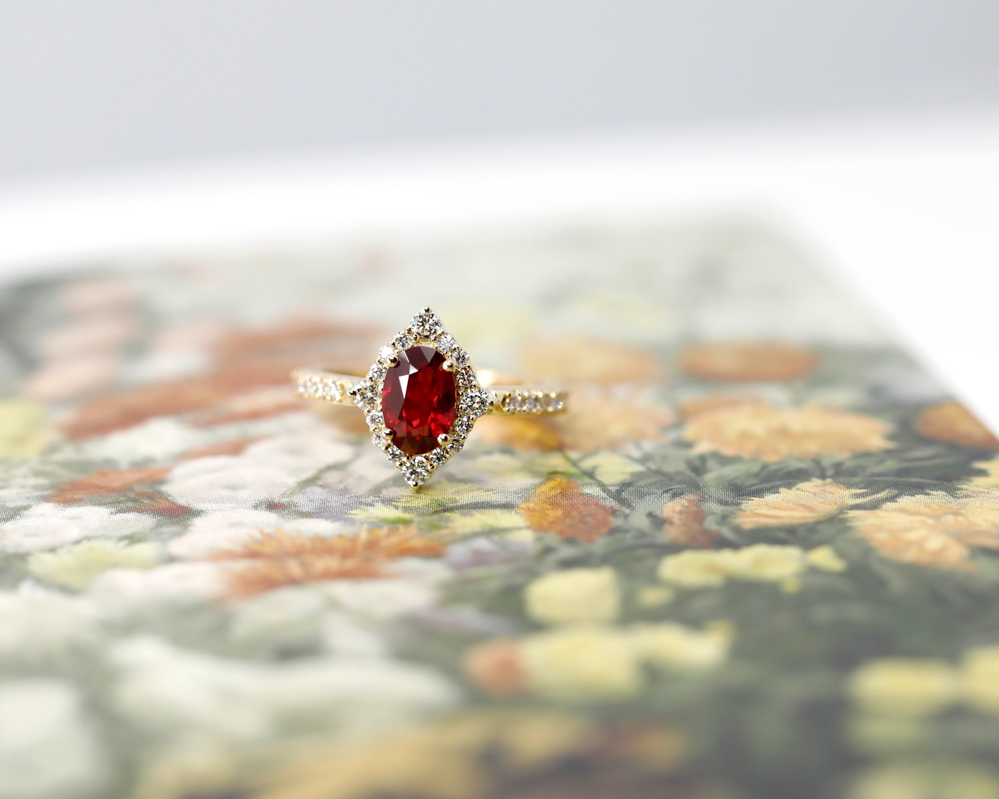 Ruby & Diamond Halo Yellow Gold Aura Ring