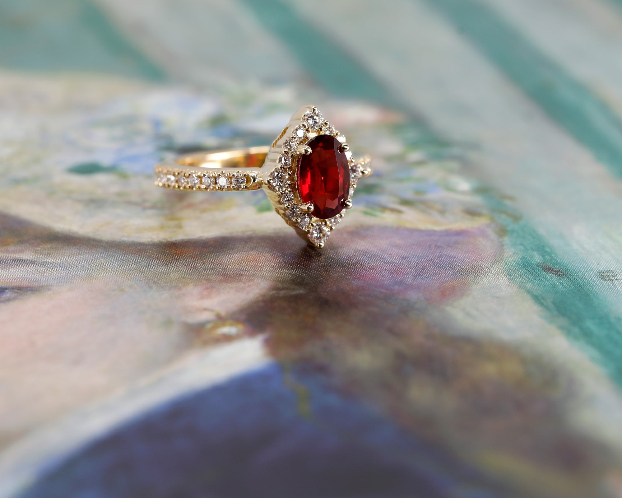 Ruby & Diamond Halo Yellow Gold Aura Ring