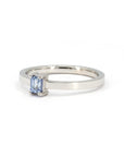 Close-up of the sapphire baguette ring by Bena Jewelry, showcasing the precision setting and elegant minimalist design, made in Montreal.