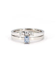 Boxy Minimalist Set by Bena Jewelry, featuring a sapphire baguette ring and curved diamond band, handcrafted in Montreal.