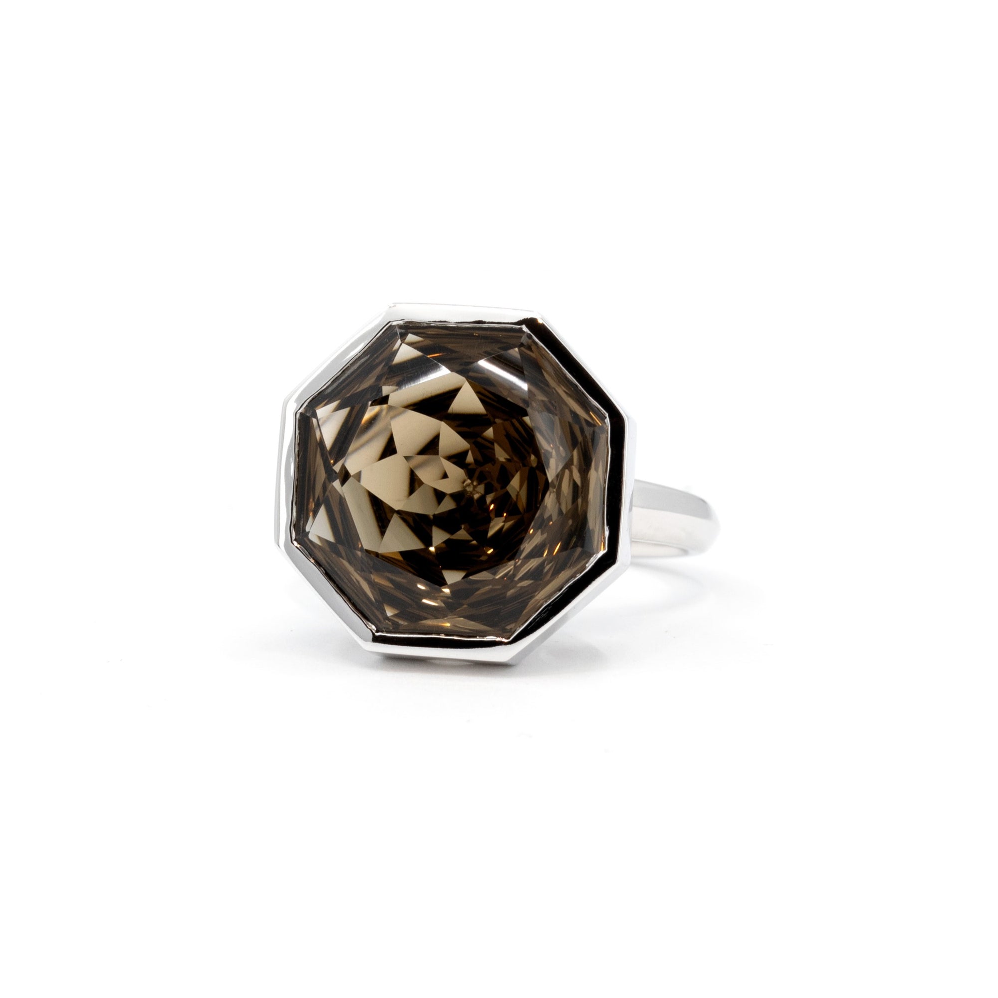 Bijou White Gold Smoky Quartz Ring with a large octagonal smoky quartz, bezel-set in white gold, displayed on a white background.