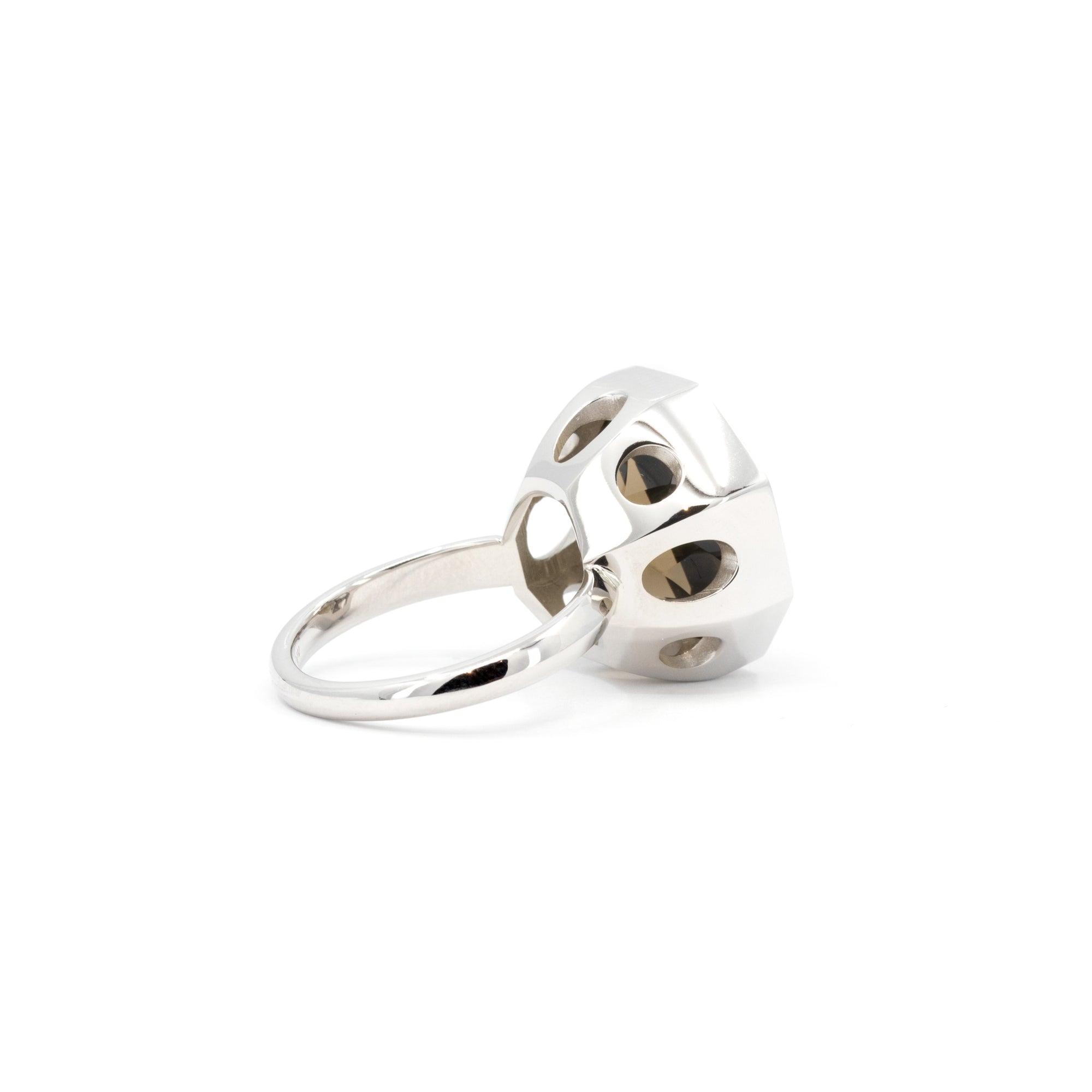 Back view of the statement smoky quartz ring featuring a bold modern design in white gold, captured on a pristine white backdrop.