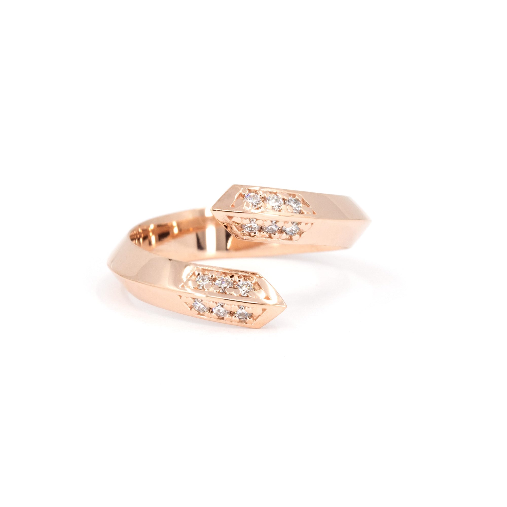Loop Ring in rose gold with diamond pave, showcased on a minimalist white background. Handcrafted in Montreal by Bena Jewelry.