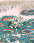 Detailed view of the intricate double halo setting, showcasing the brilliance of this handmade engagement ring by Bena Jewelry, Montreal.