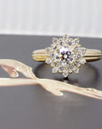 Side view of the Soleil Ring, highlighting the fine detailing of the double halo diamonds, made by Bena Jewelry, Canada.