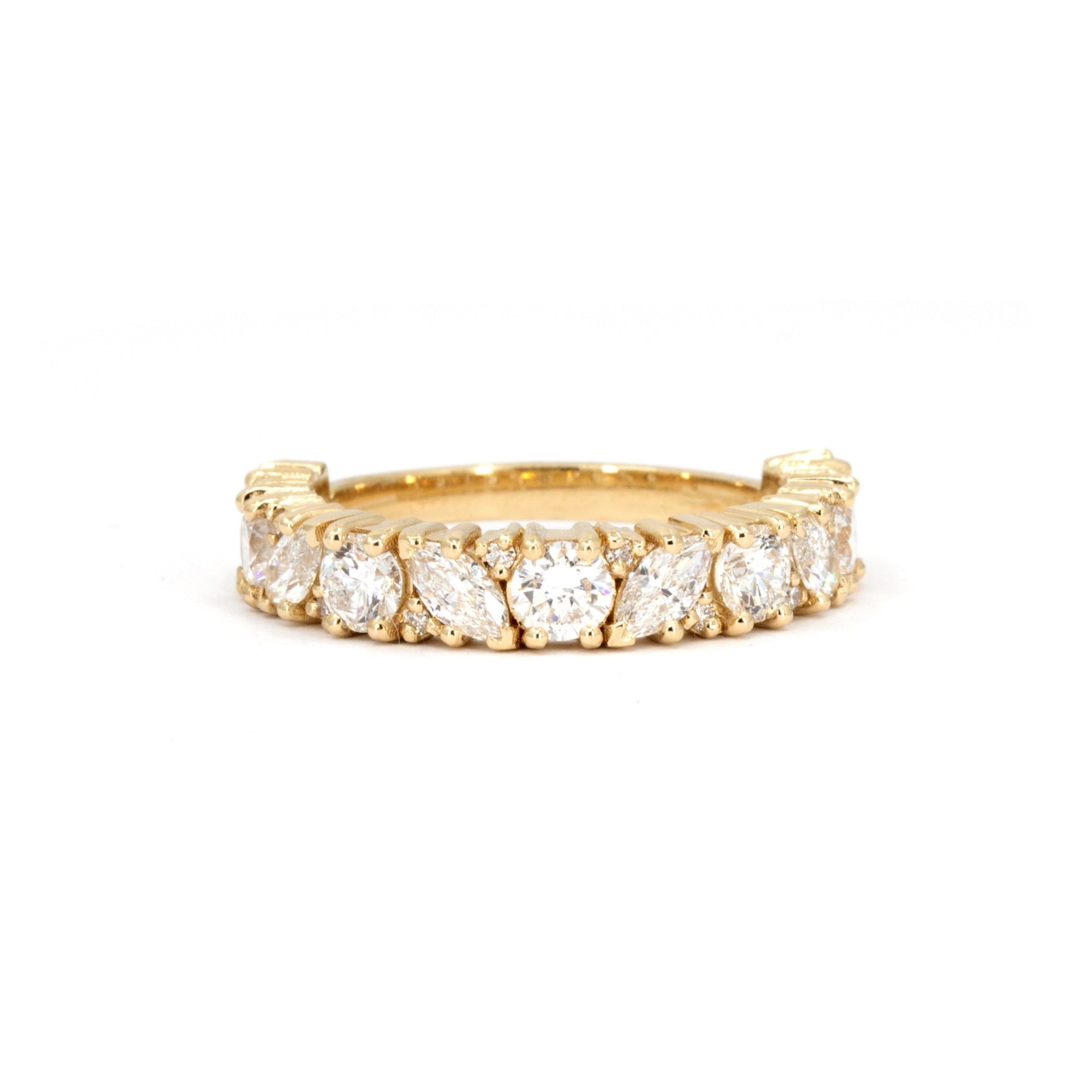 Front view of a bold 14 kt yellow gold wedding band by Bena Jewelry, designed in Montreal. This ring features marquise and round lab-grown diamonds with a total of 1.82 carats.