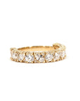 Detailed front angle of a bold 14 kt yellow gold wedding band by Bena Jewelry, crafted in Montreal. Showcasing a stunning mix of marquise and round lab-grown diamonds totaling 1.82 carats.