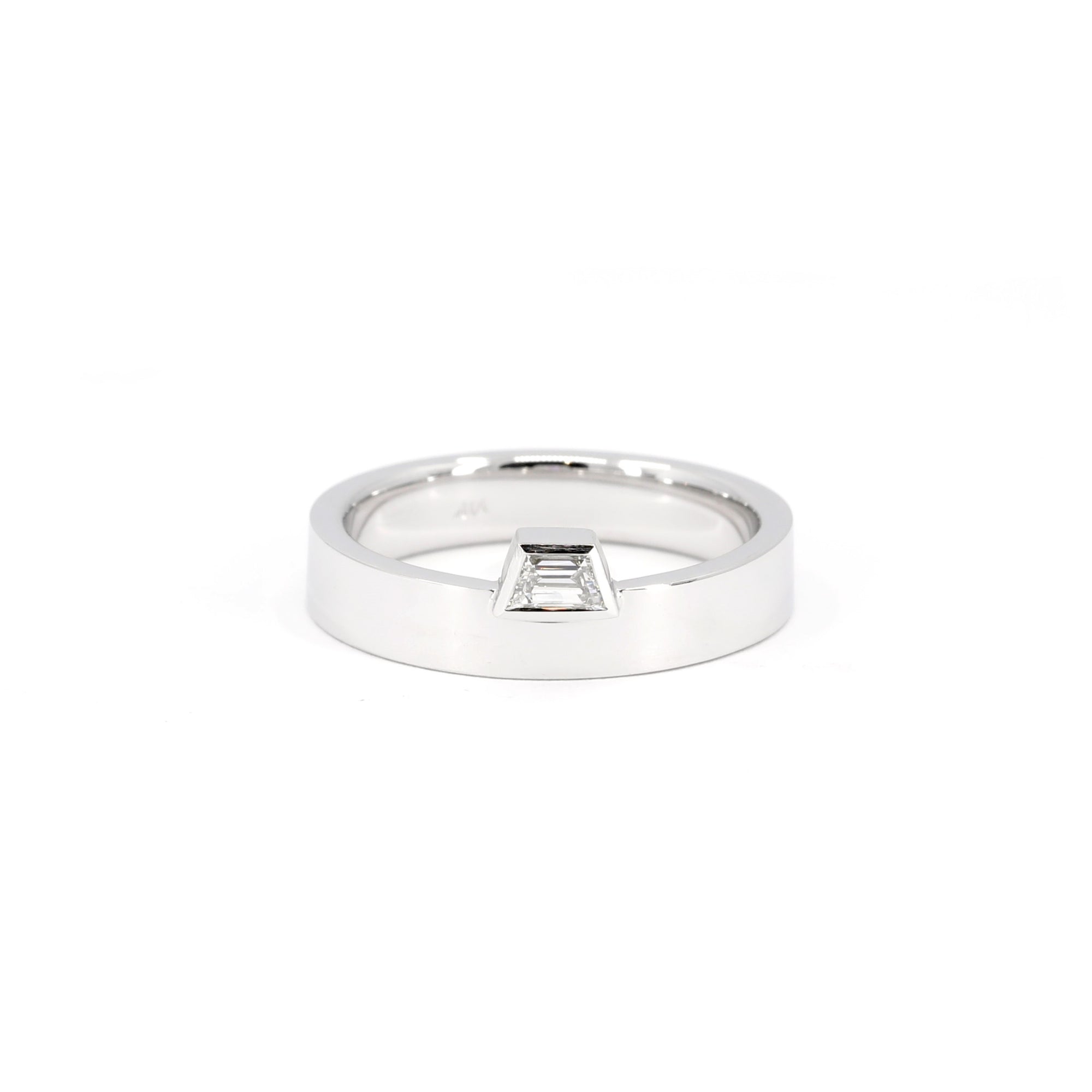 Front view of Boxy Trapez Diamond Ring in white gold, showcasing volume of metal and fine craftsmanship by Bena Jewelry.