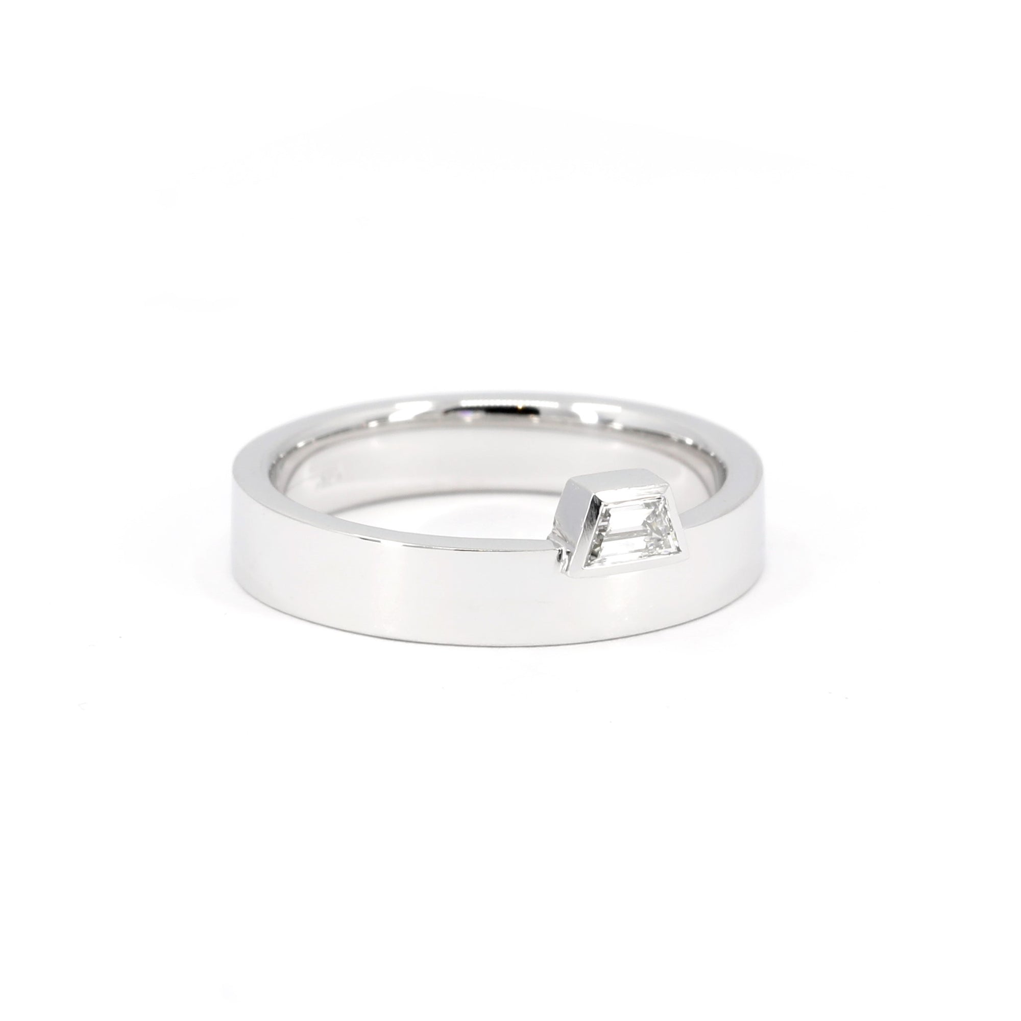 Boxy Trapez Diamond Ring, bold and elegant in white gold with a lab-grown trapezoid diamond by Bena Jewelry. Made in Canada.