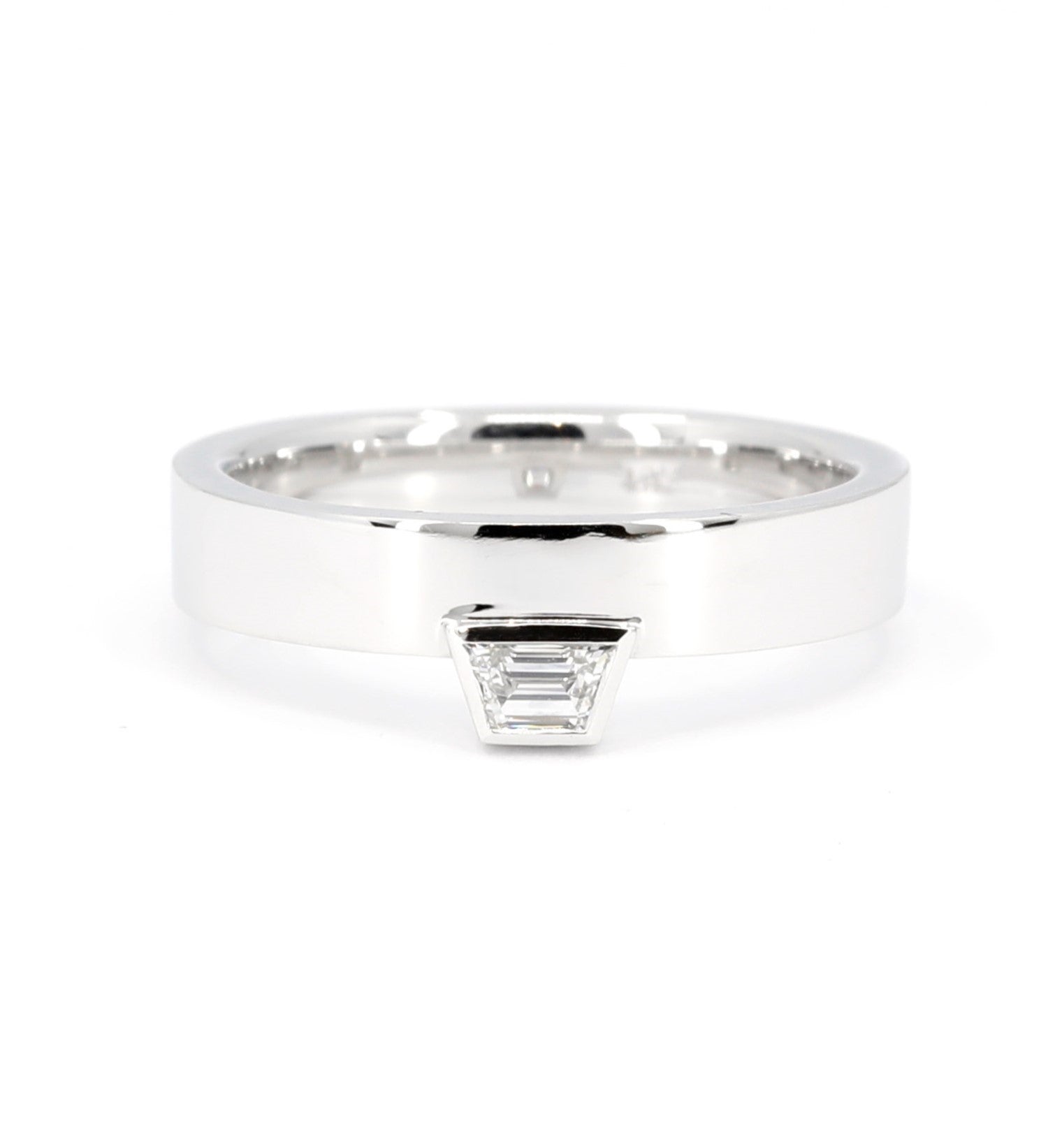 Boxy Trapez Diamond Ring in white gold, front view showcasing bold design and trapezoid lab-grown diamond in bezel setting by Bena Jewelry.