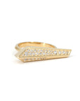 Bena Jewelry ring made in Montreal, featuring a bold arrow-shaped design in 10k yellow gold with pavé-set white diamonds, photographed on white background.