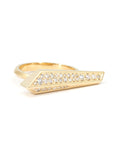Contemporary diamond ring designed by Bena Jewelry with elongated shape and sculptural silhouette, set in polished yellow gold, on white background.