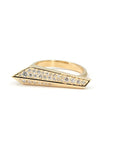 Close-up of edgy gold ring with pavé diamonds, handmade in Montreal by Bena Jewelry, displayed against a minimalist white backdrop.