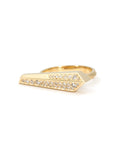 Architectural diamond ring in yellow gold by Bena Jewelry, showcasing sharp geometric lines and brilliant pavé diamonds on a clean white surface.