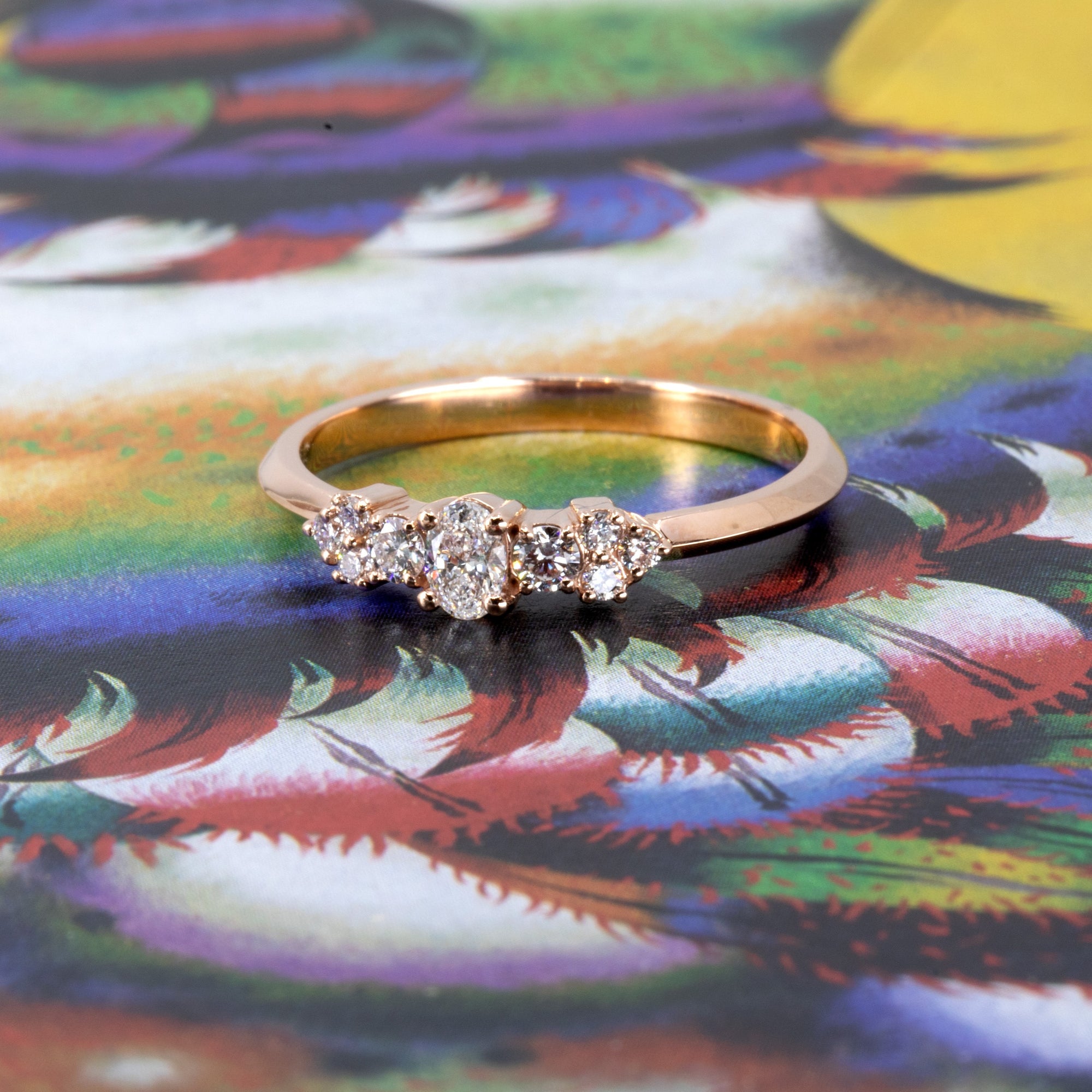 Lile diamond ring by Bena Jewelry displayed on soft pink background – handmade rose gold engagement ring with lab-grown diamonds, designed in Montreal, Canada.