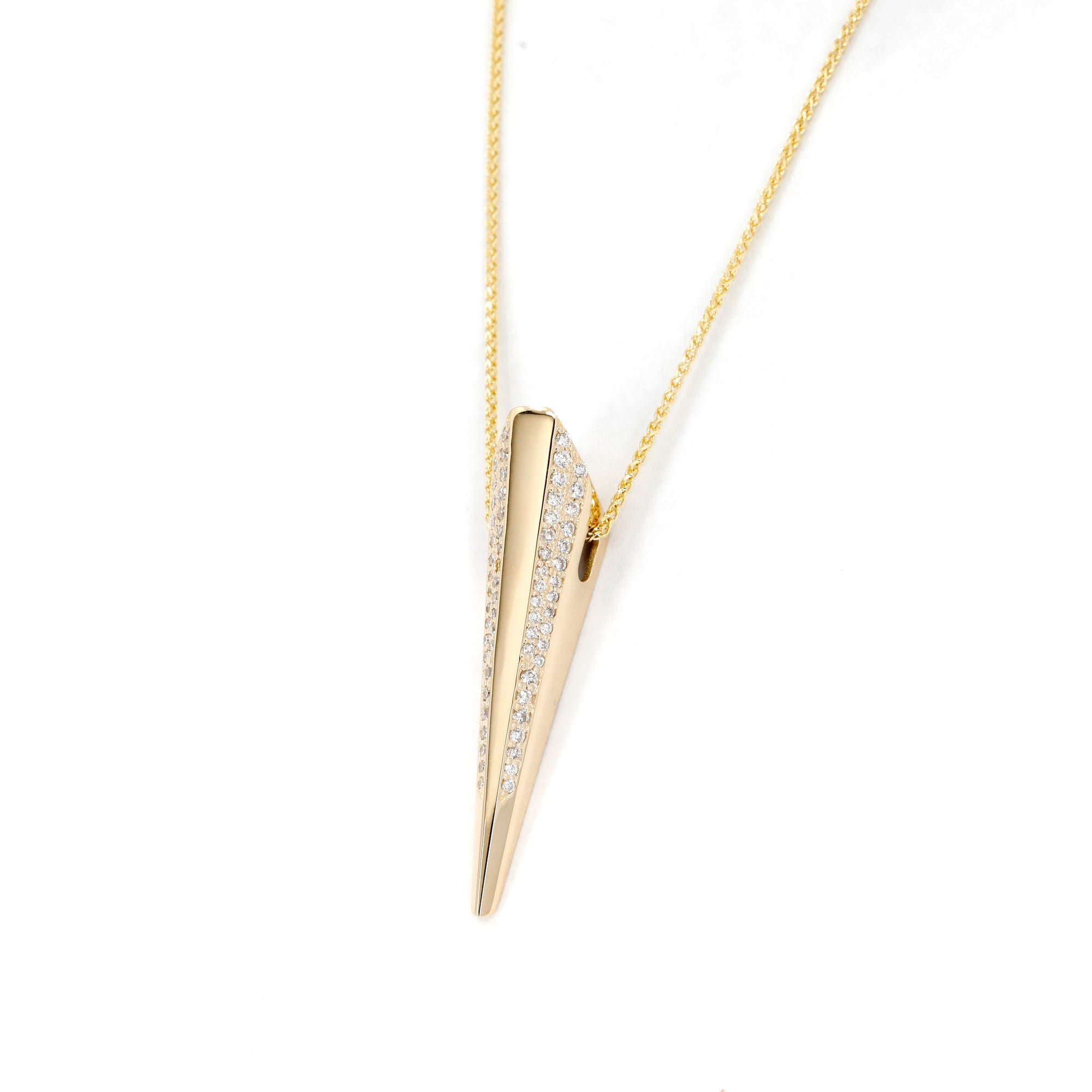 Diamond Pike Pendant in yellow gold with brilliant diamonds, bold and unique design by Montreal-based Bena Jewelry.