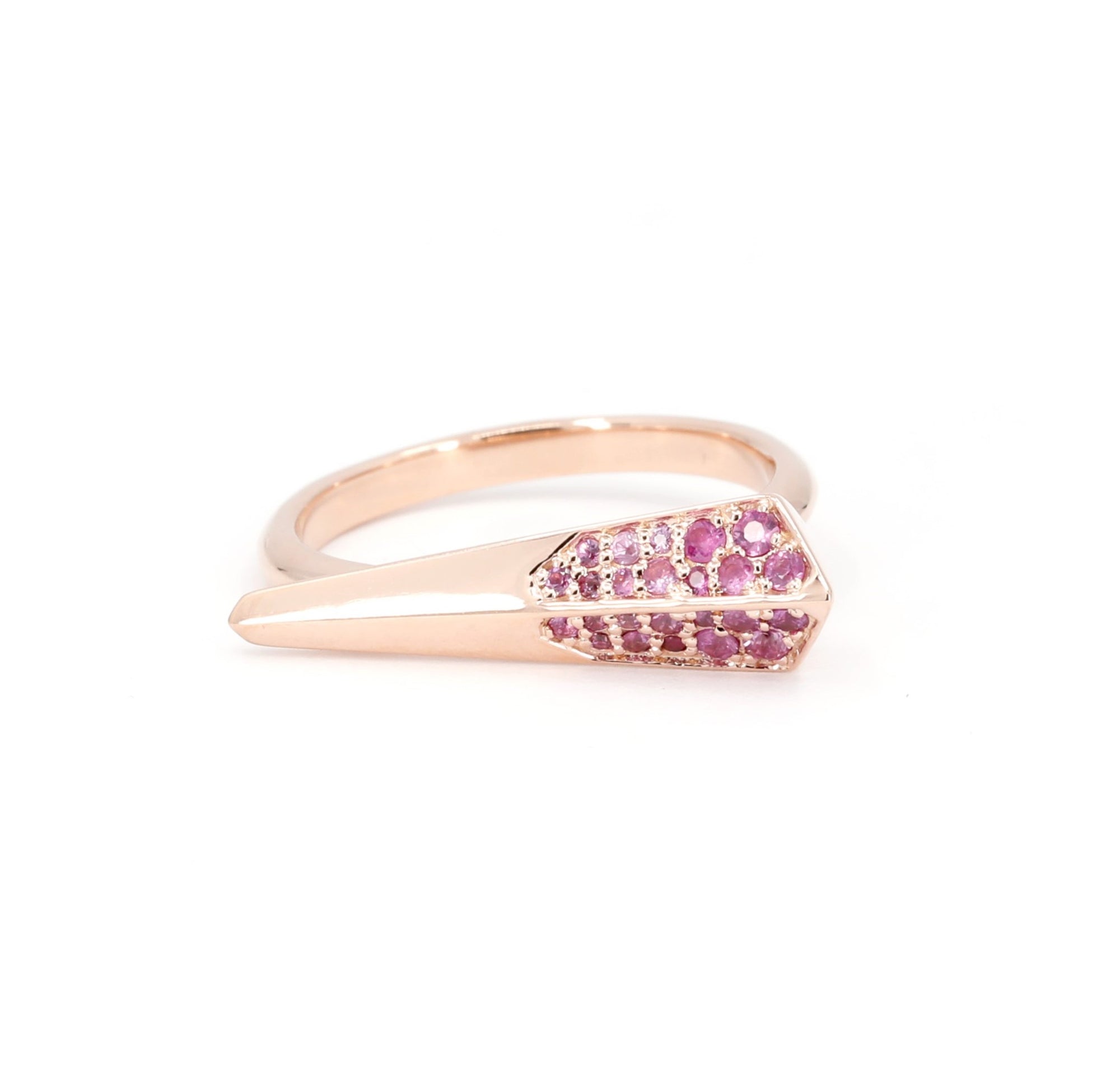 Front view of Pink Sapphire Spine Ring in rose gold with vibrant pink sapphires, edgy unisex design by Bena Jewelry from the Fancy Edgy collection.