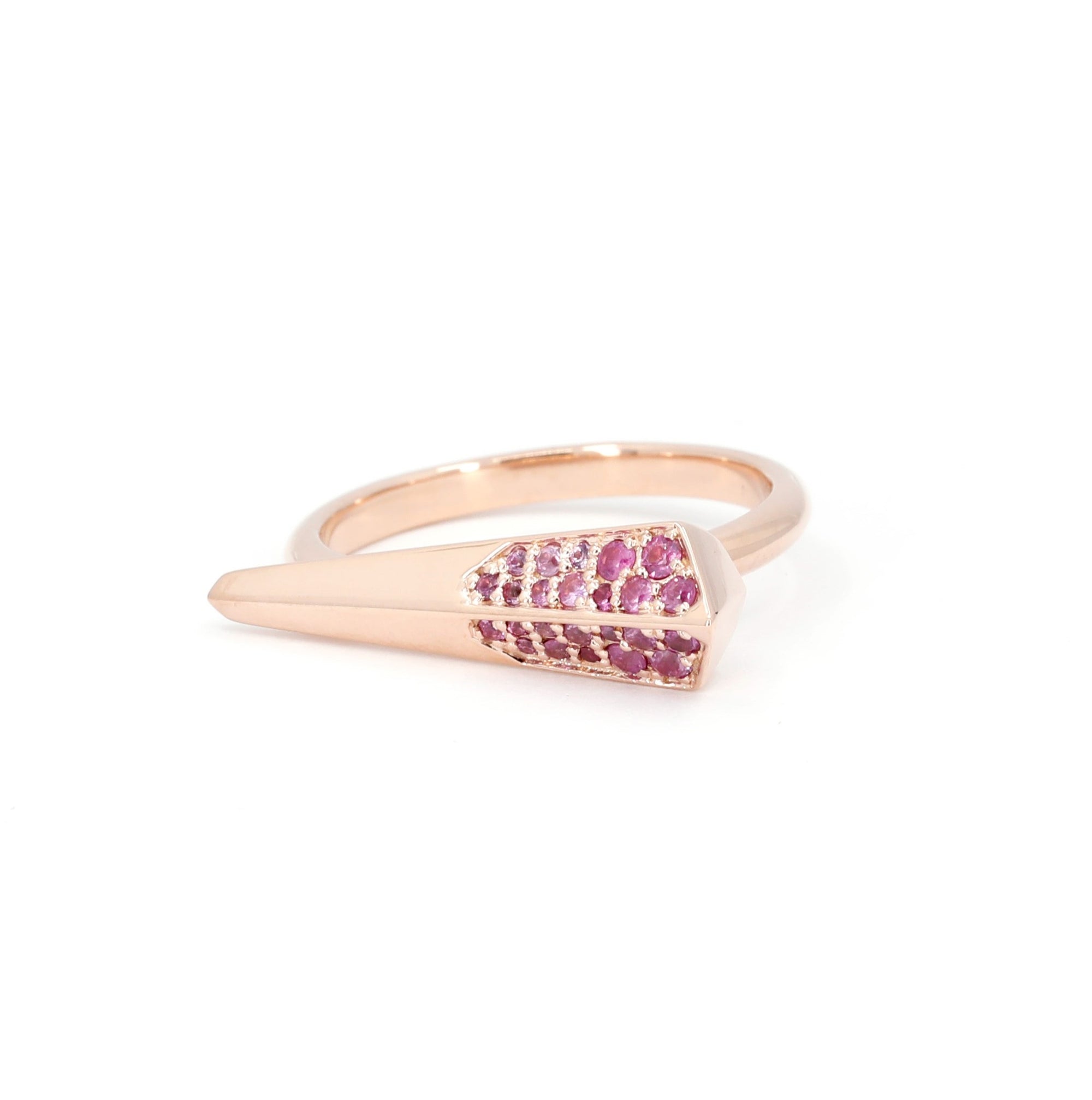 Rose gold ring with pink sapphires, bold and avant-garde style made by independent designer Bena Jewelry in Montreal.