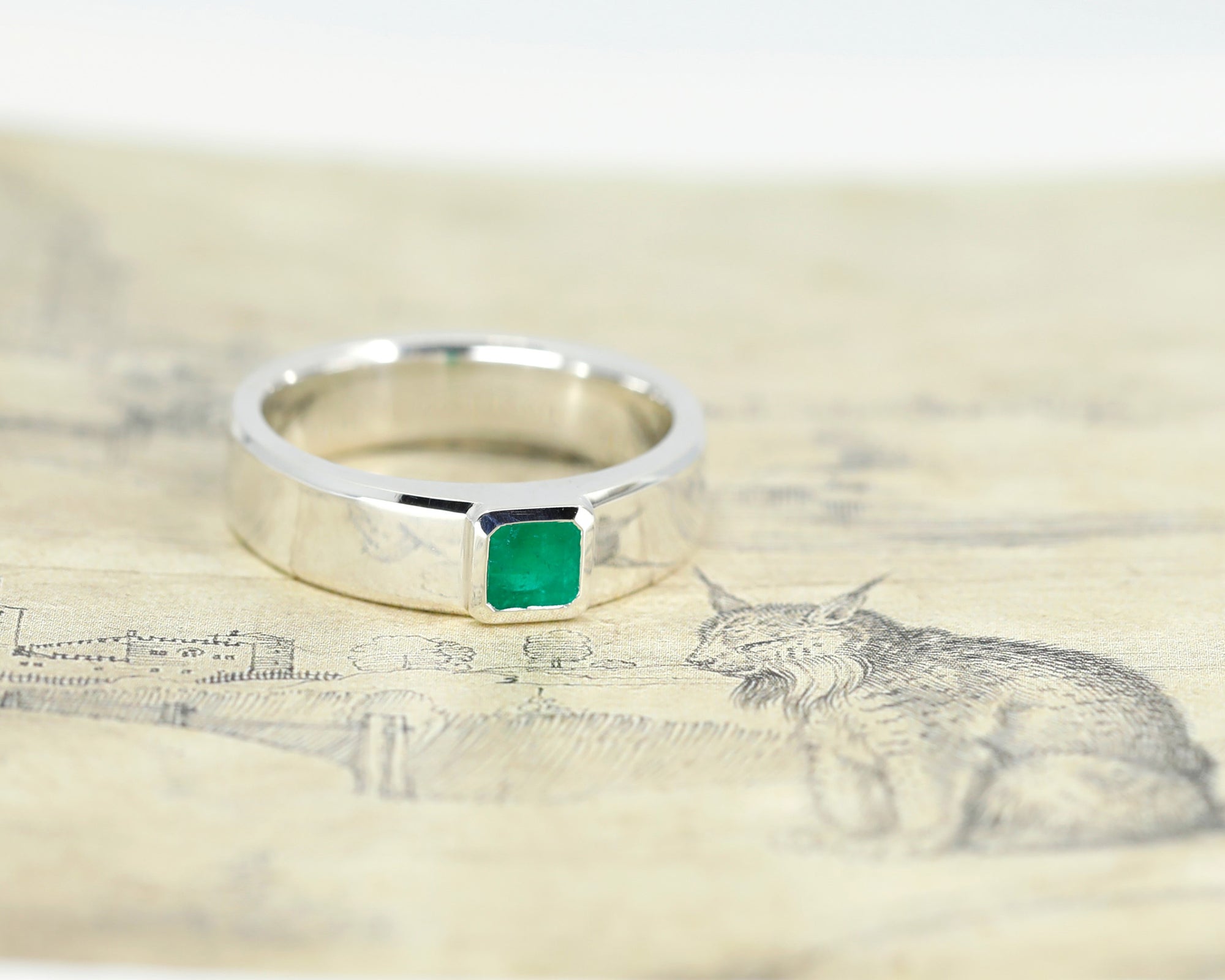 Silver Boxy Emerald Ring