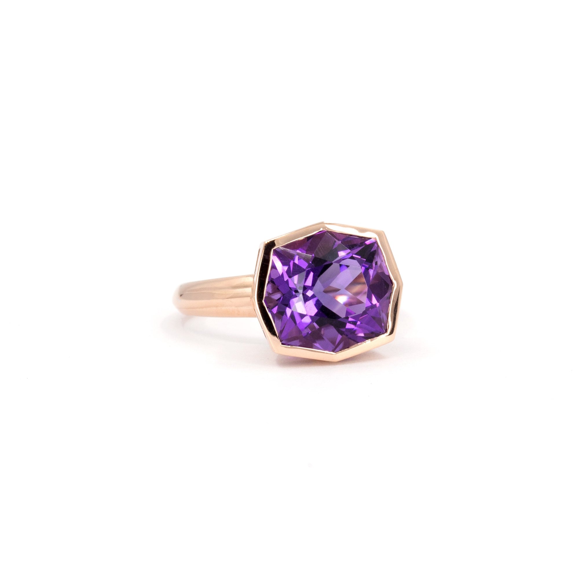 Octagonal Rectangle Fancy Shape Amethyst Rose Gold Ring