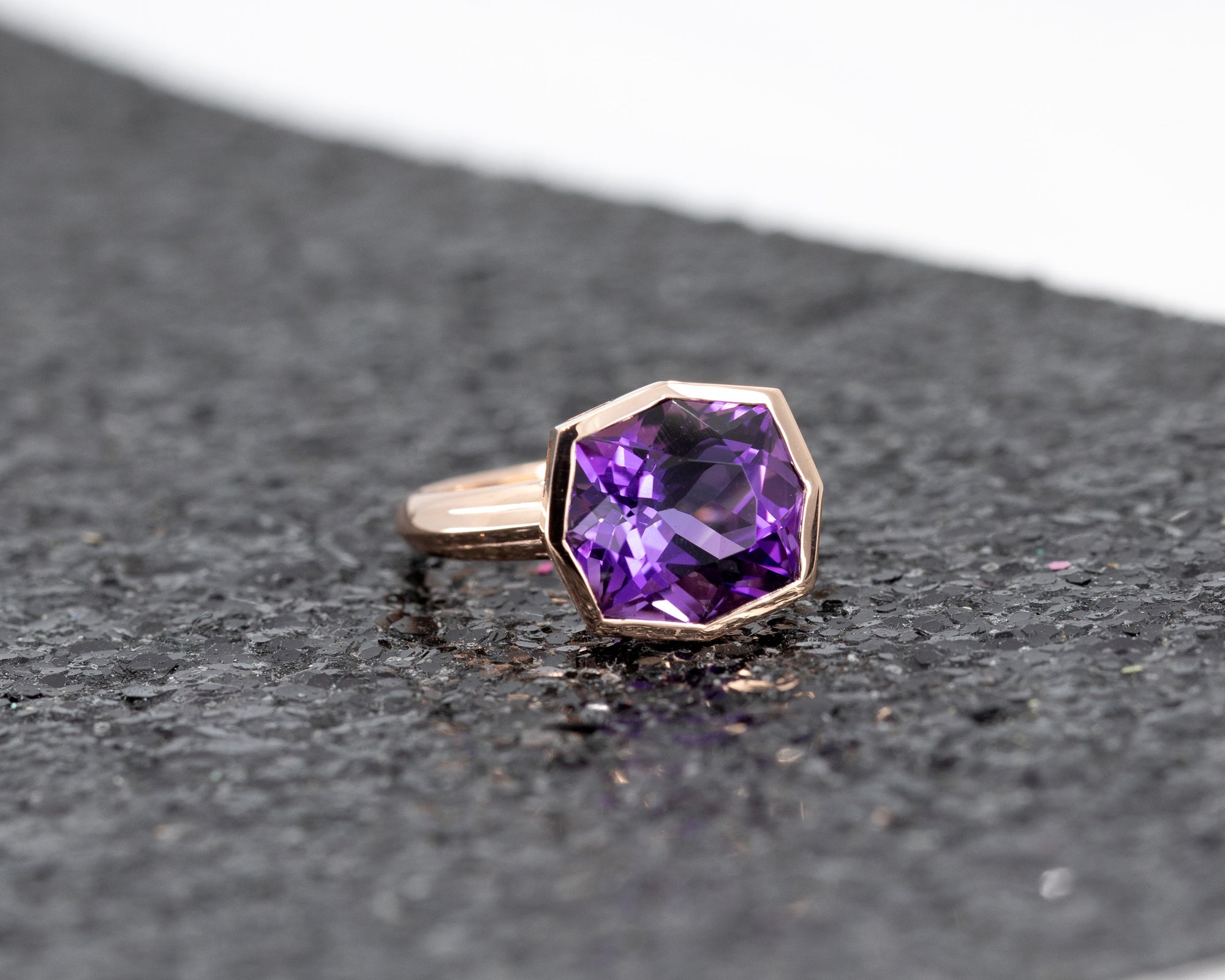 Octagonal Rectangle Fancy Shape Amethyst Rose Gold Ring