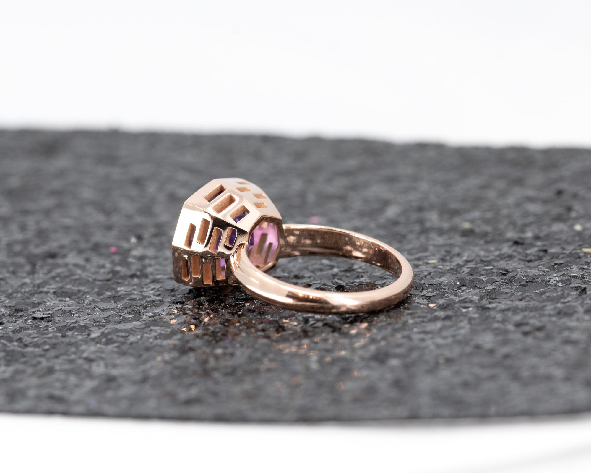 Octagonal Rectangle Fancy Shape Amethyst Rose Gold Ring