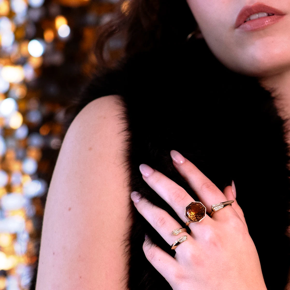 Bijou Octagonal Dark Citrine Ring worn, showcasing its bold design and large Brazilian gemstone in yellow gold, crafted by Bena Jewelry.