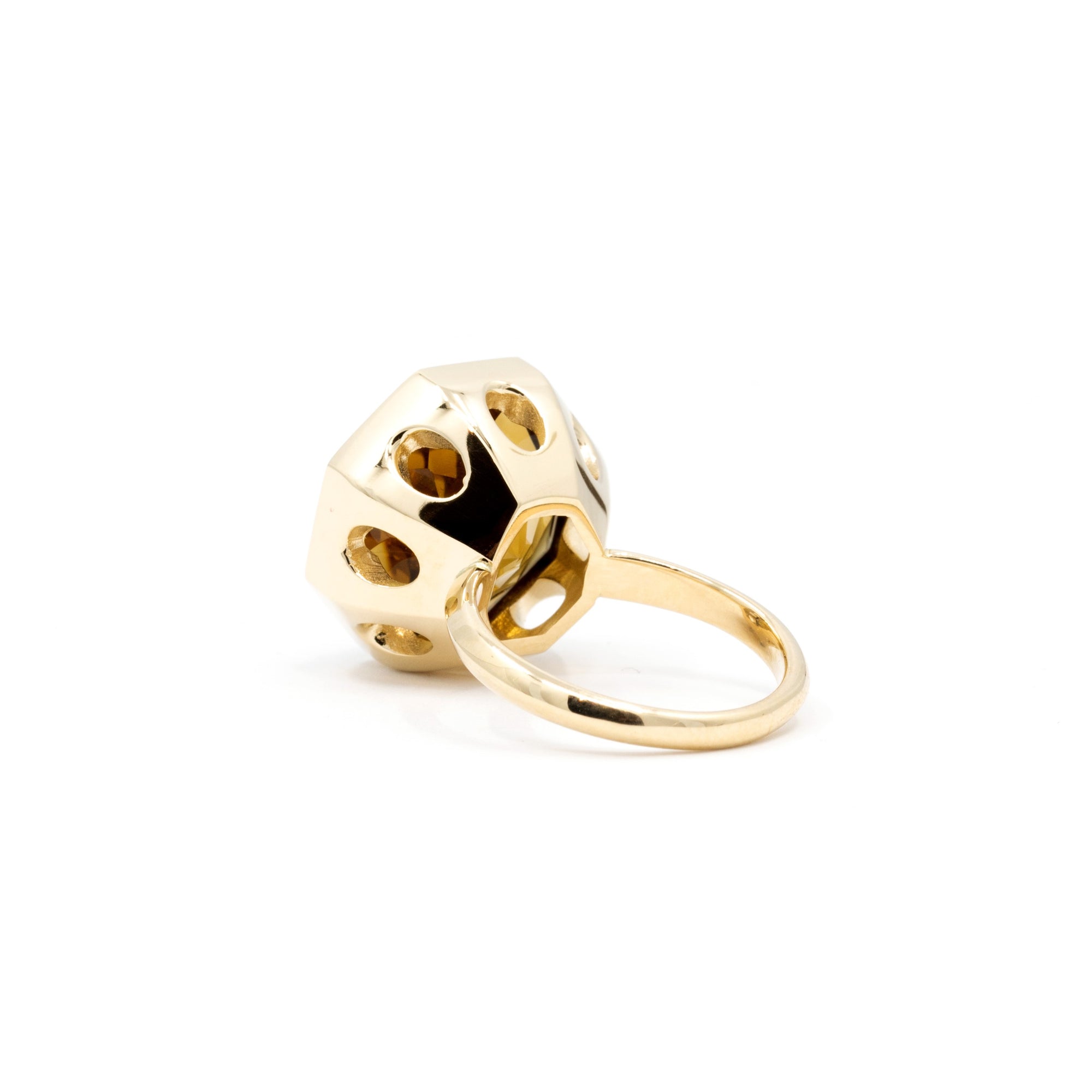 Octagonal dark citrine ring in yellow gold, showcasing its unique natural Brazilian gemstone, captured on a clean white backdrop.