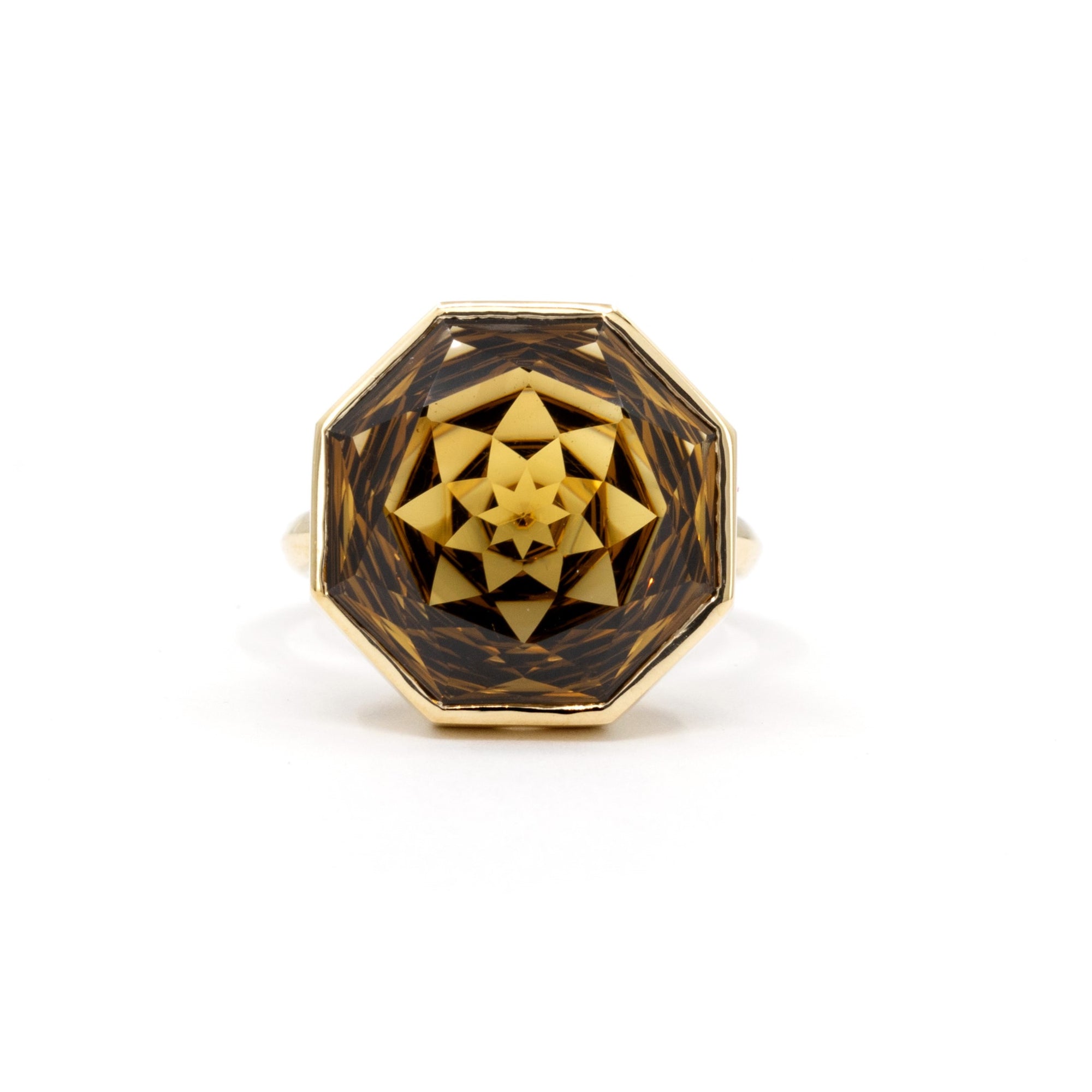 Bijou Octagonal Dark Citrine Ring with a bold orange-brown gemstone, bezel-set in yellow gold, displayed on a white background.