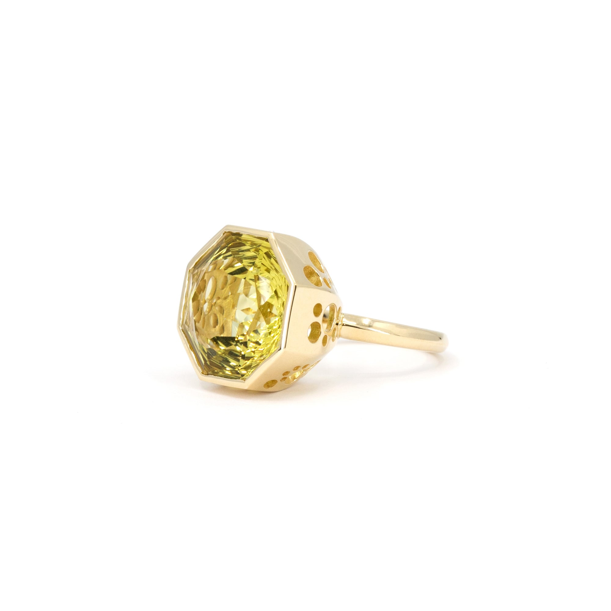 Bold and vibrant yellow quartz ring, part of the Fancy Edgy collection by Bena Jewelry, set against a clean white backdrop.