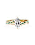 MARQUISE DIAMOND & DIAMOND and EMERLAD BAND RING | Yellow Gold