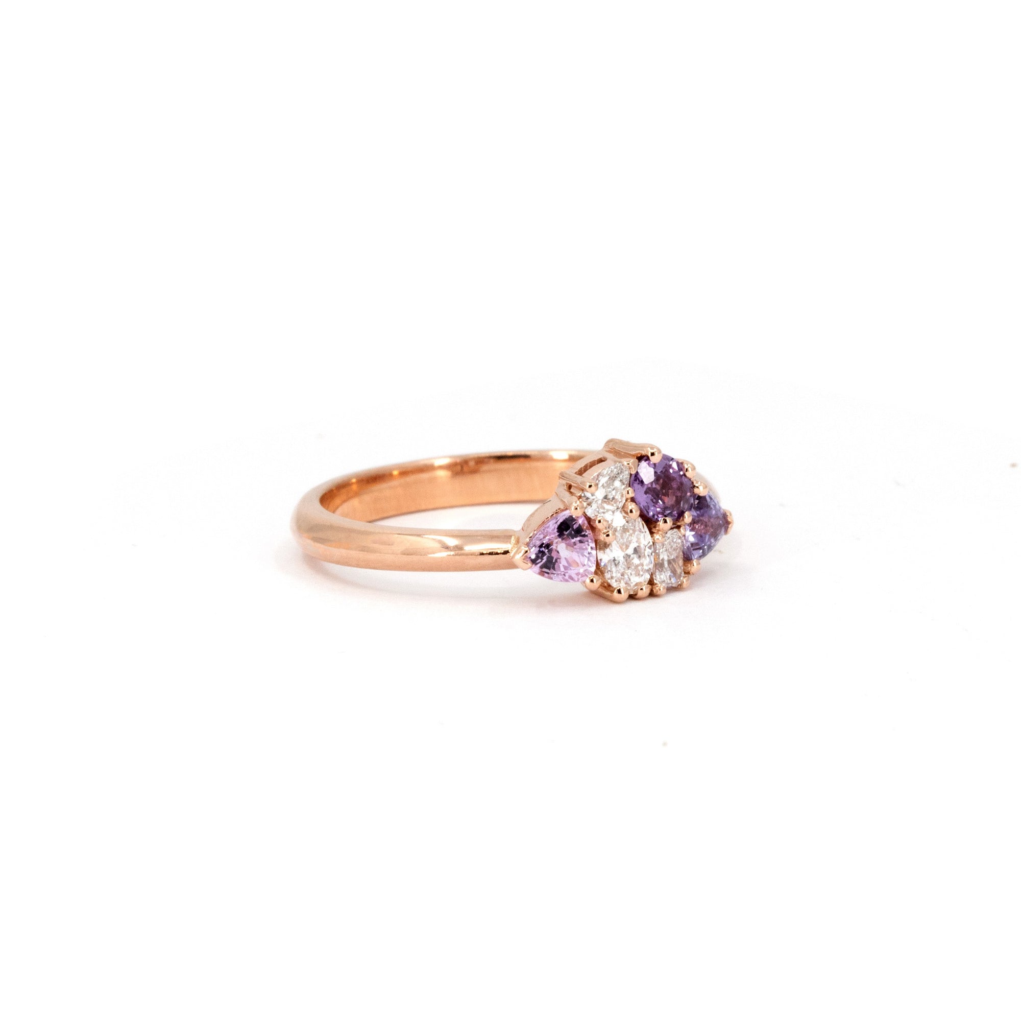 Avalanche ring by Bena Jewelry featuring pink and purple sapphires and diamonds set in 14 kt rose gold, handcrafted in Montreal.