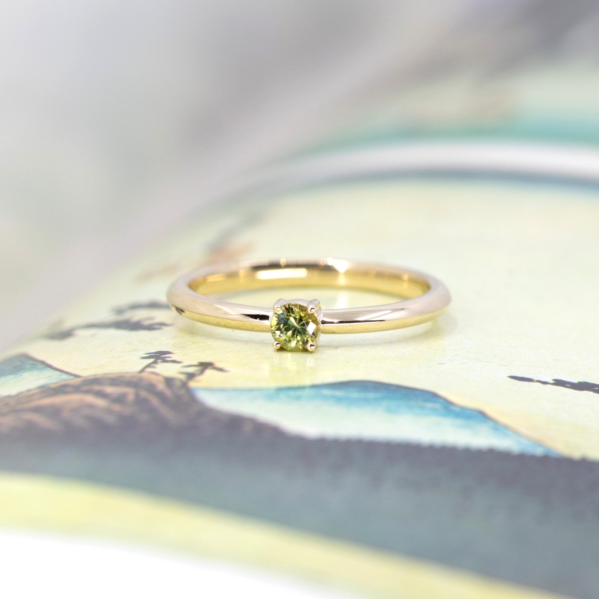 Minimalist Round Demantoid Garnet Yellow Gold Ring