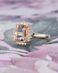 PEACH MORGANITE DIAMOND HALO RING | Yellow Gold