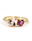 Trio ring in yellow gold with morganite, rhodolite garnet, and diamond, designed by Bena Jewelry, handmade in Montreal, Canada.