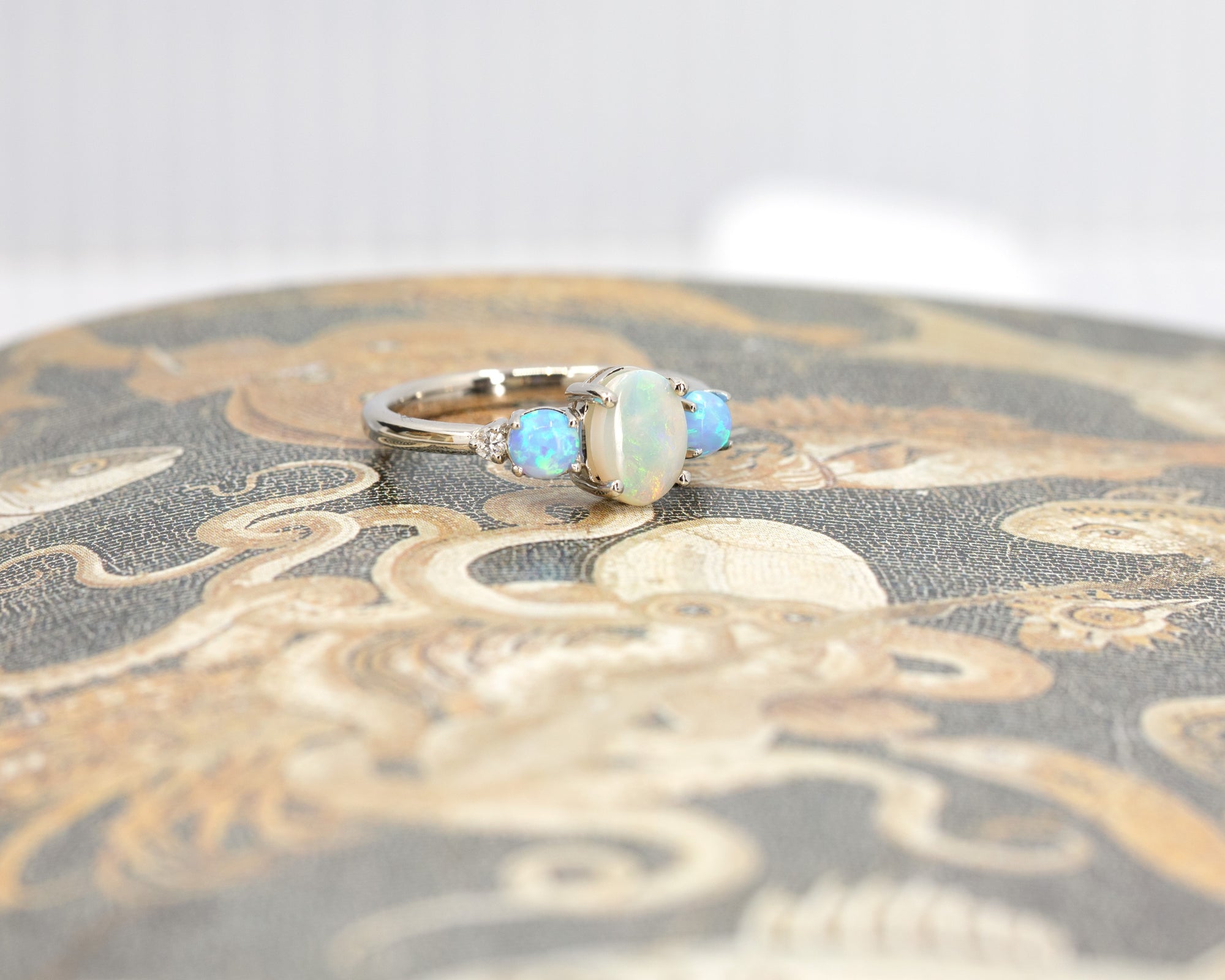 White And Blue Opal Diamond Gold Ring