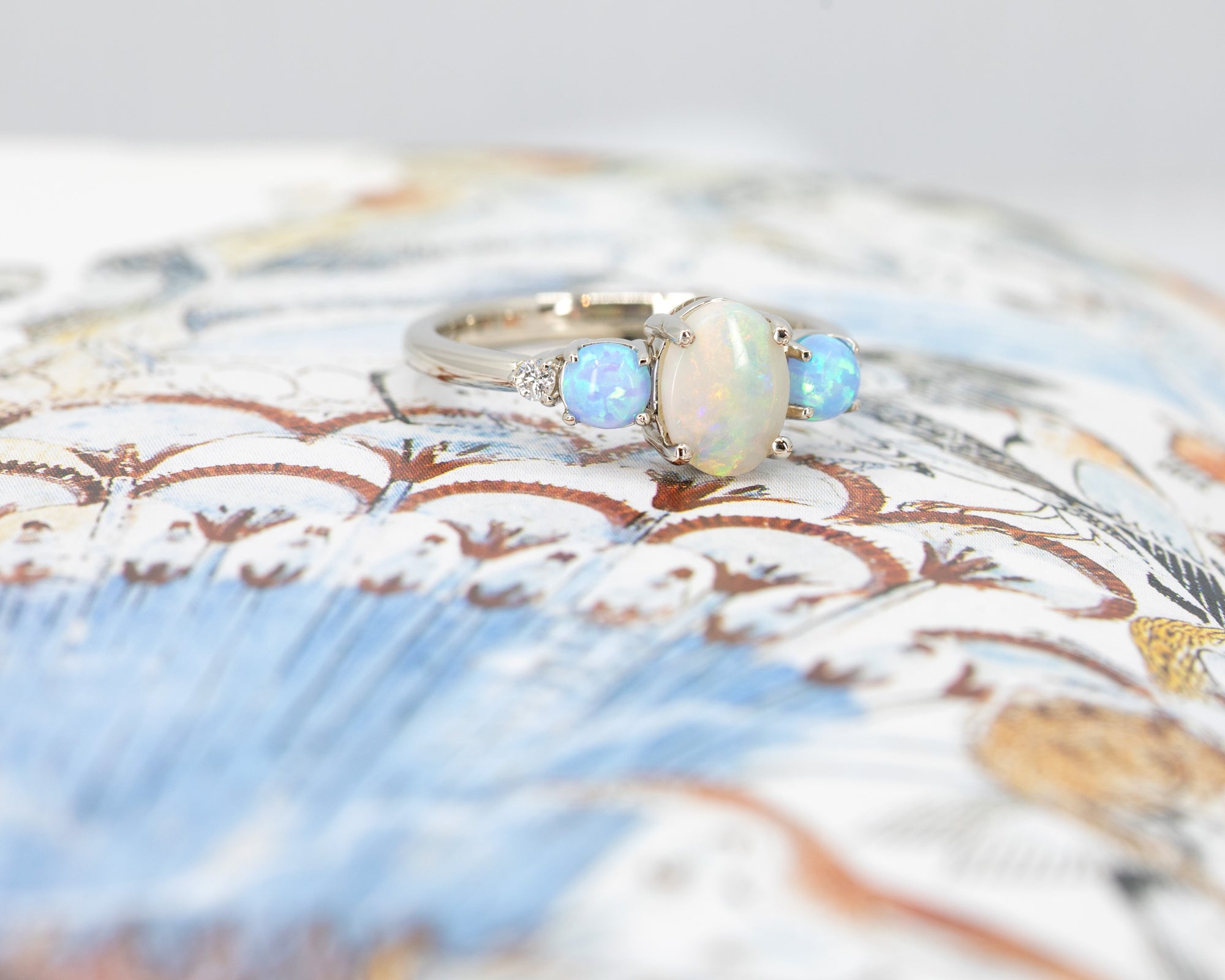 White And Blue Opal Diamond Gold Ring