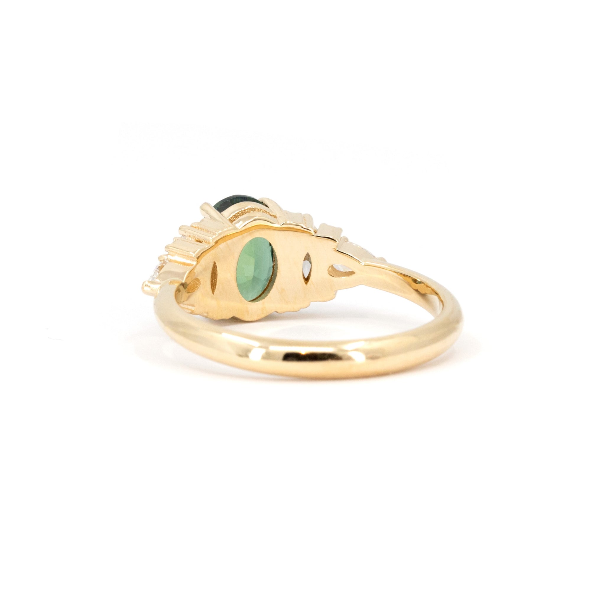 Back view or Teal Sapphire Diamond Ring – A sophisticated engagement ring combining bold color gemstones and refined craftsmanship.