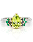 Pear Shape Peridot & Black Diamond and Emerald 2 Tons Gold Jet Ring