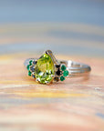 Pear Shape Peridot & Black Diamond and Emerald 2 Tons Gold Jet Ring
