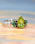 Pear Shape Peridot & Black Diamond and Emerald 2 Tons Gold Jet Ring
